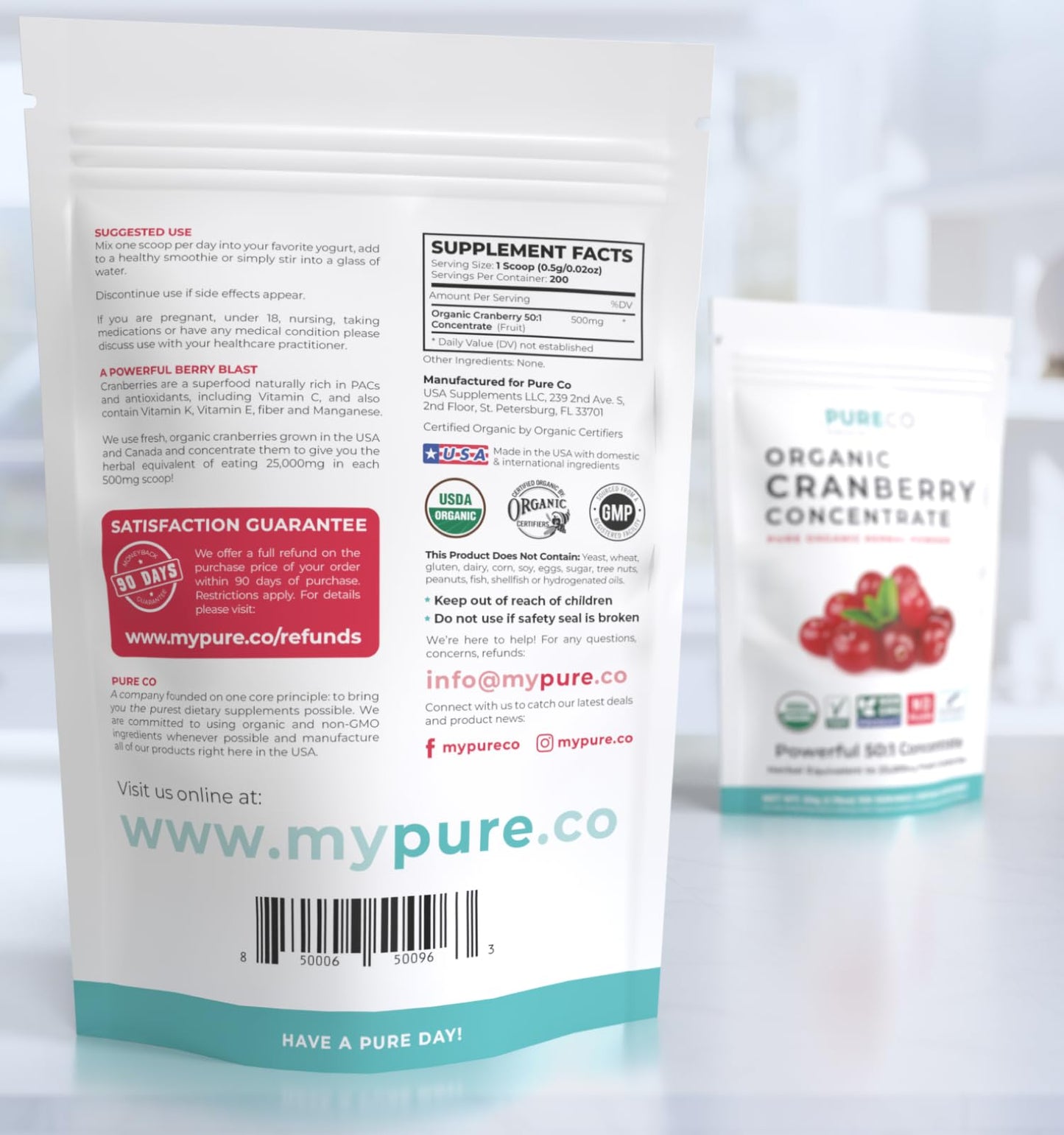 PURE CO USDA Organic Cranberry Concentrate Powder - Organic Cranberry Powder 500mg 50:1 Extract Per 1 Scoop Serving - Kidney Cleanse & Urinary Tract Support for Women - 100 Servings