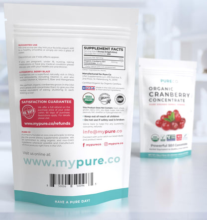 PURE CO USDA Organic Cranberry Concentrate Powder - Organic Cranberry Powder 500mg 50:1 Extract Per 1 Scoop Serving - Kidney Cleanse & Urinary Tract Support for Women - 100 Servings