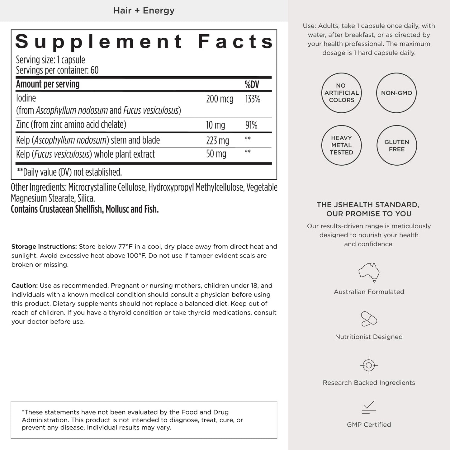 JSHealth Hair Growth Vitamins for Women. Hair + Energy with Kelp Iodine and Zinc. Supports Thickness, Strength, Energy. Nutritionist-Formulated (60 Capsules) | Hair Vitamins for Women and Men, Zinc and Iodine Hair Supplements for Hair Growth