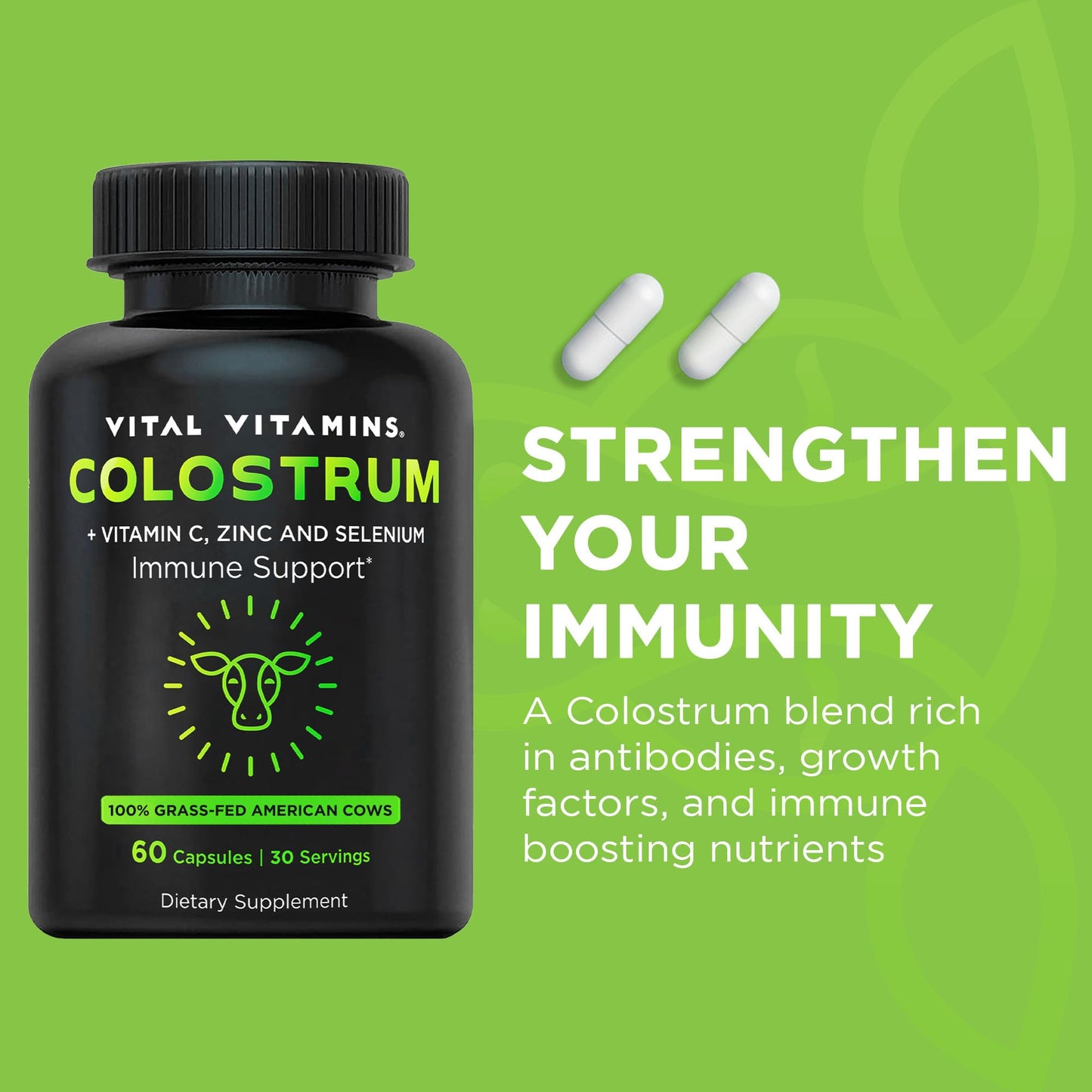 Vital Vitamins Colostrum Supplement, 30% IgG, Grass-Fed Bovine, 60 Capsules | Supports Immune Defense & Gut Health, Colostrum with Vitamin C, Zinc, & Selenium, Non-GMO