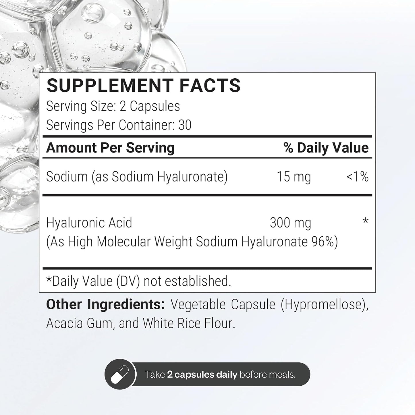 Supersmart Hyaluronic Acid Supplement 300mg per Day (Sodium Hyaluronate) - High Molecular Weight 1.2 Million Daltons | Non-GMO & Gluten Free - 60 Vegetarian Capsules