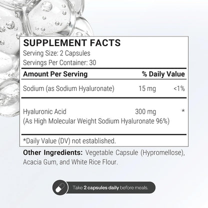 Supersmart Hyaluronic Acid Supplement 300mg per Day (Sodium Hyaluronate) - High Molecular Weight 1.2 Million Daltons | Non-GMO & Gluten Free - 60 Vegetarian Capsules