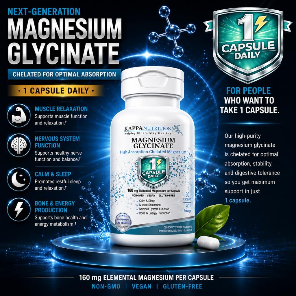 Kappa Nutrition, Magnesium Glycinate 60 Vegan Capsules, 160 mg Elemental | High-Absorption Chelated Magnesium | 1 Capsule Daily | Non-GMO, Vegan, Gluten-Free | Made in USA with Canadian Magnesium