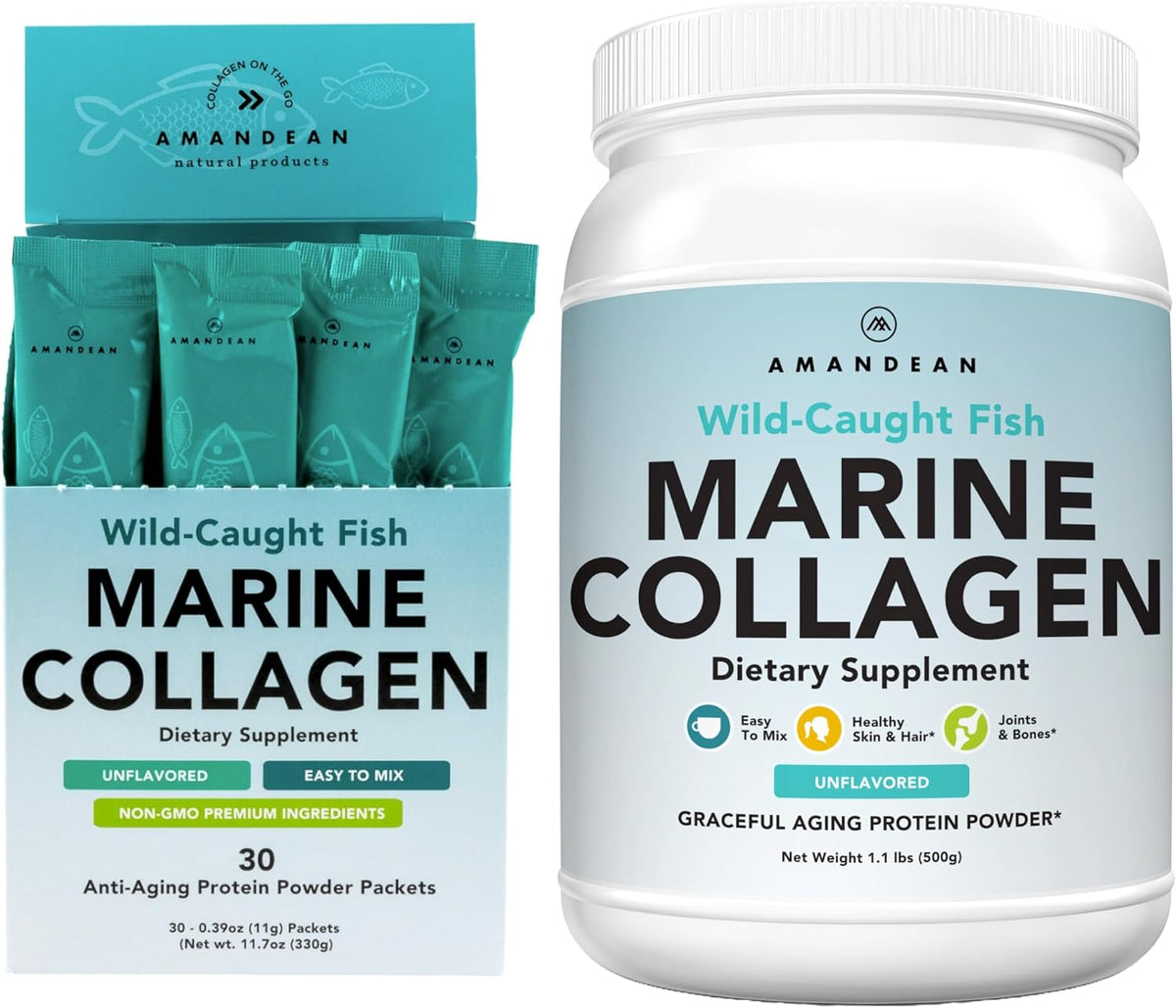 AMANDEAN Marine Collagen Duo. 500g Container + 30 Travel Packs. Hydrolyzed Fish Collagen Peptides for Skin, Hair & Nails. Pescatarian, Keto & Paleo-Friendly, Unflavored