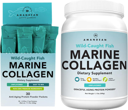 AMANDEAN Marine Collagen Duo. 500g Container + 30 Travel Packs. Hydrolyzed Fish Collagen Peptides for Skin, Hair & Nails. Pescatarian, Keto & Paleo-Friendly, Unflavored