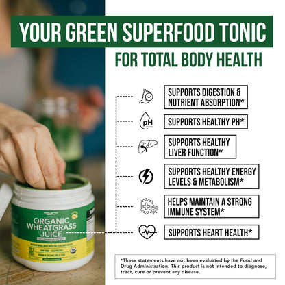 Organic Wheatgrass Juice Powder - Organic, Grown in Volcanic Soil of Utah - Raw BioActive Form, Cold-Pressed Then CO2 Dried, 20:1 Concentrate Juice Extract - Unflavored (5.3 oz – 60 Servings)