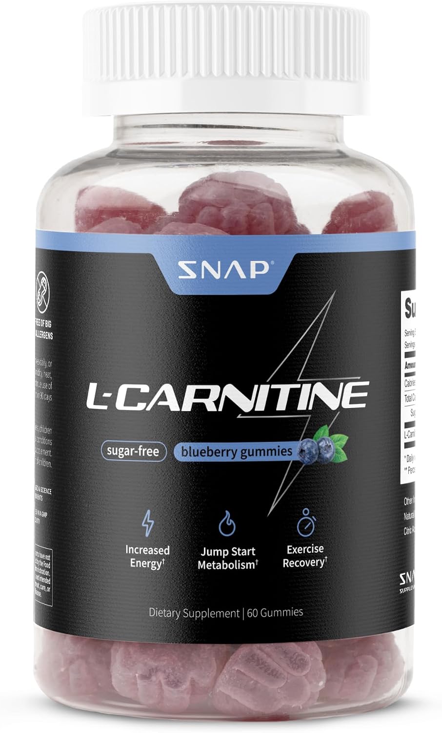 Snap Supplements L-Carnitine Tartrate, 60 Blueberry Sugar-Free Gummies | Amino Acid Supplement for Healthy Exercise Recovery, Metabolism, & Energy, Vegan, 30-Day Supply