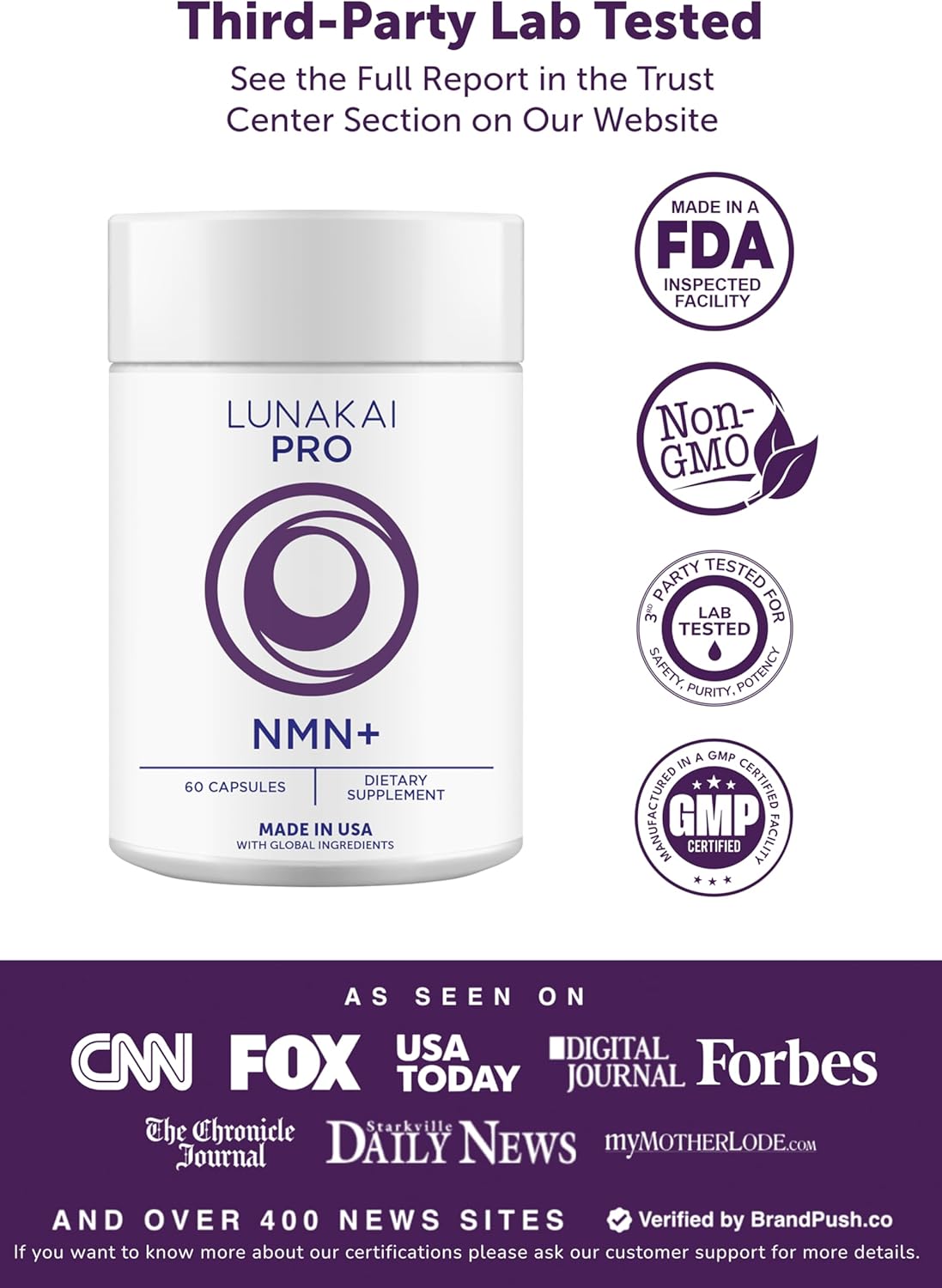 Lunakai USA Made NMN Supplement 500mg - NAD+ Support with Resveratrol 98%, TMG & Pterostilbene - Nicotinamide Mononucleotide for Daily Cellular Energy & Healthy Aging - 60 Vegan Capsules