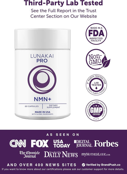Lunakai USA Made NMN Supplement 500mg - NAD+ Support with Resveratrol 98%, TMG & Pterostilbene - Nicotinamide Mononucleotide for Daily Cellular Energy & Healthy Aging - 60 Vegan Capsules