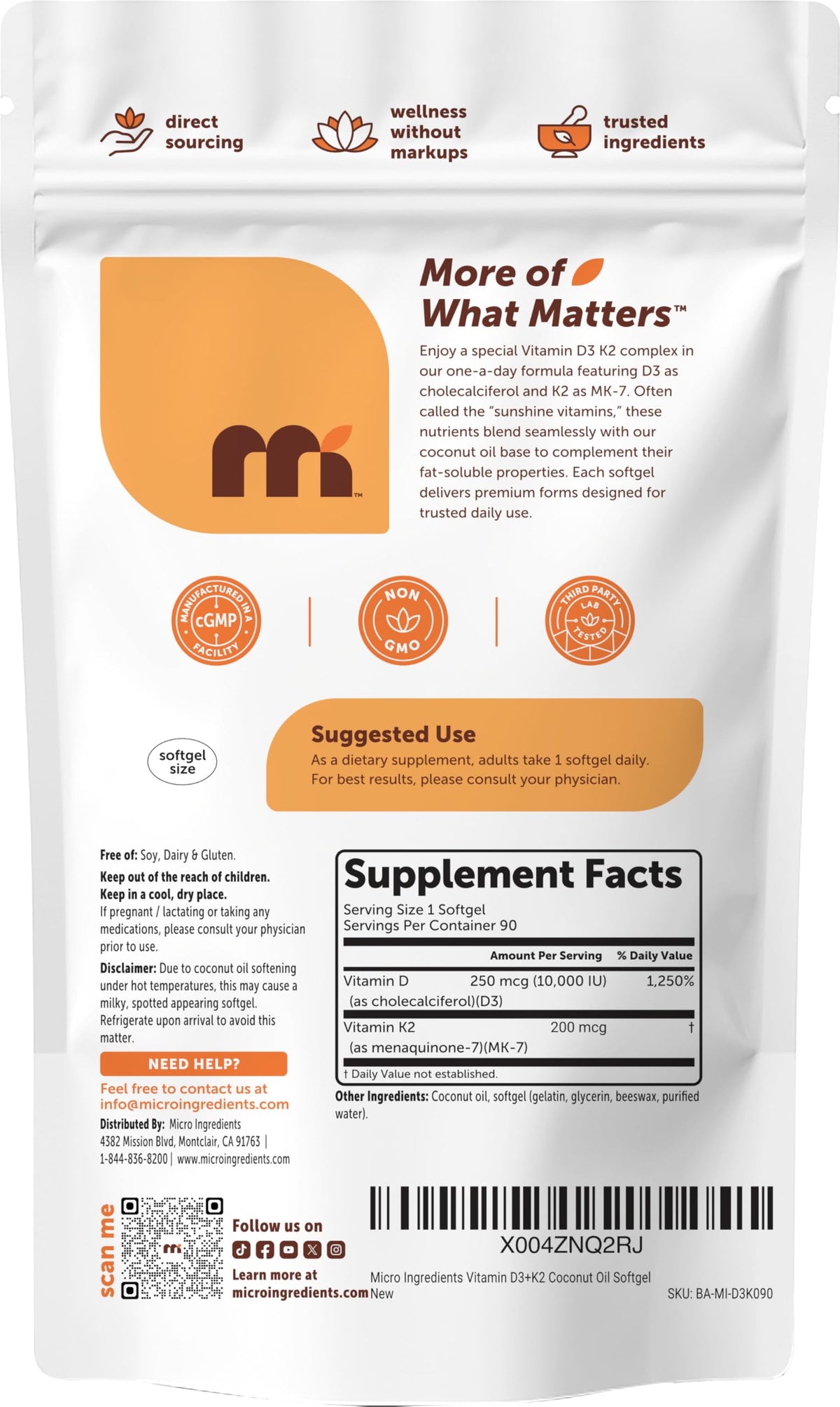 Micro Ingredients Vitamin D3 K2 MK-7 10,000 IU Per Serving, 300 Softgels | Made with Virgin Coconut Oil, K2 200 mcg Per Serving. D3 & K2 Vitamin Supplement. Easy-to-Swallow. Non-GMO, Gluten Free.