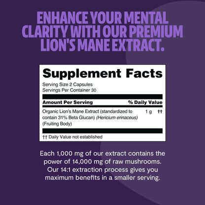 FreshCap Mushrooms Premium Organic Lions Mane Capsules - 14:1 Fruiting Body Extract with 31% Beta-Glucans - 3rd-Party Tested Nootropic for Clarity, Focus & Cognitive Support (120 Capsules)