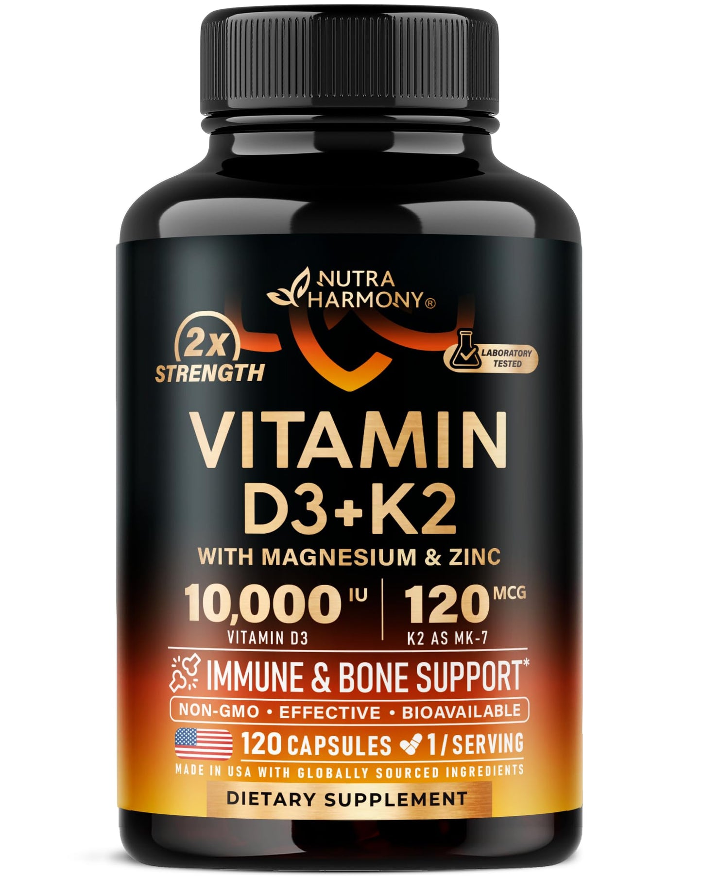 Vitamin D3 K2 - Vitamin D3 10000 iu & K2 as MK-7 120 mcg - Immune & Mood Support, for Bone & Teeth Health - with Magnesium, Zinc & Vitamin C & B12 - Highly Bioavailable - Gluten Free, 120 Capsules