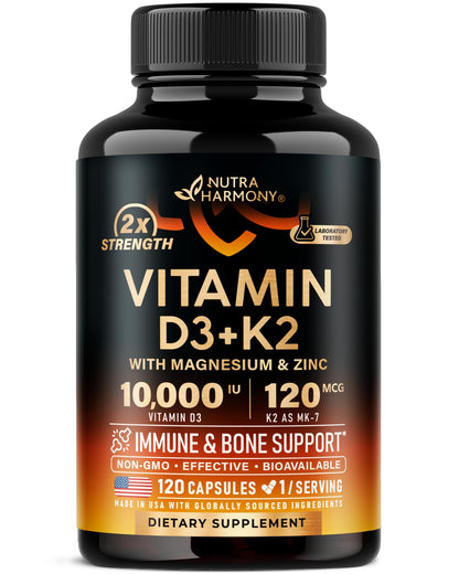 Vitamin D3 K2 - Vitamin D3 10000 iu & K2 as MK-7 120 mcg - Immune & Mood Support, for Bone & Teeth Health - with Magnesium, Zinc & Vitamin C & B12 - Highly Bioavailable - Gluten Free, 120 Capsules