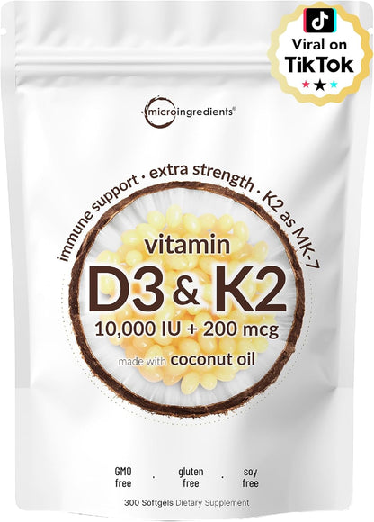 Micro Ingredients Vitamin D3 10,000iu + K2 200mcg Softgels & Pure Triple Magnesium Complex 400mg Capsules | 2 Pack Bundle | Essential D & K Sunshine Vitamins | Glycinate, Malate, & Taurate Forms