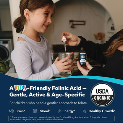 Organic FolinicActive Kids - Folinic Acid + B12, B6 & B2 Cofactors - Gentle Methylation Support for Mood, Energy & Cognition, Age Adjustable Dosing for Kids 1-18, Non GMO, Vegan, Berry Flavor (60mL)