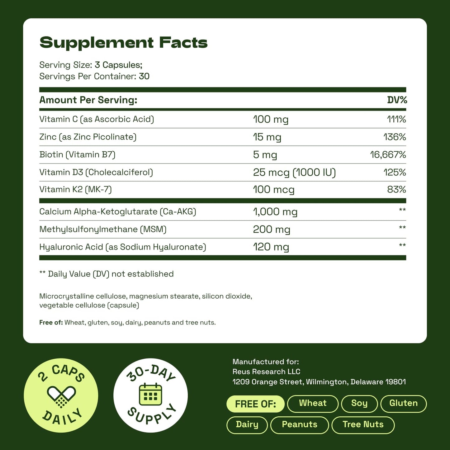 Cata-Kor Hair Skin and Nails Vitamins for Women – Biotin Collagen Hair Supplement | Hyaluronic Acid | Calcium AKG | MSM | Vitamin D3 K2 & C – Hair Growth Vitamins – 30 Day Supply (1 Pack)