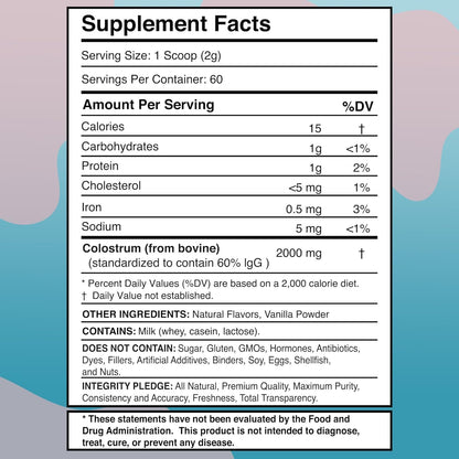 Colostrum Powder 2000mg - Vanilla Flavor, 60% IgG Bovine Colostrum Supplement for Gut Health, Immune Support, Clean Skin, Anti-Aging, Grass-Fed Calostro Bovino Powder, Keto, Gluten-Free - 60 Servings