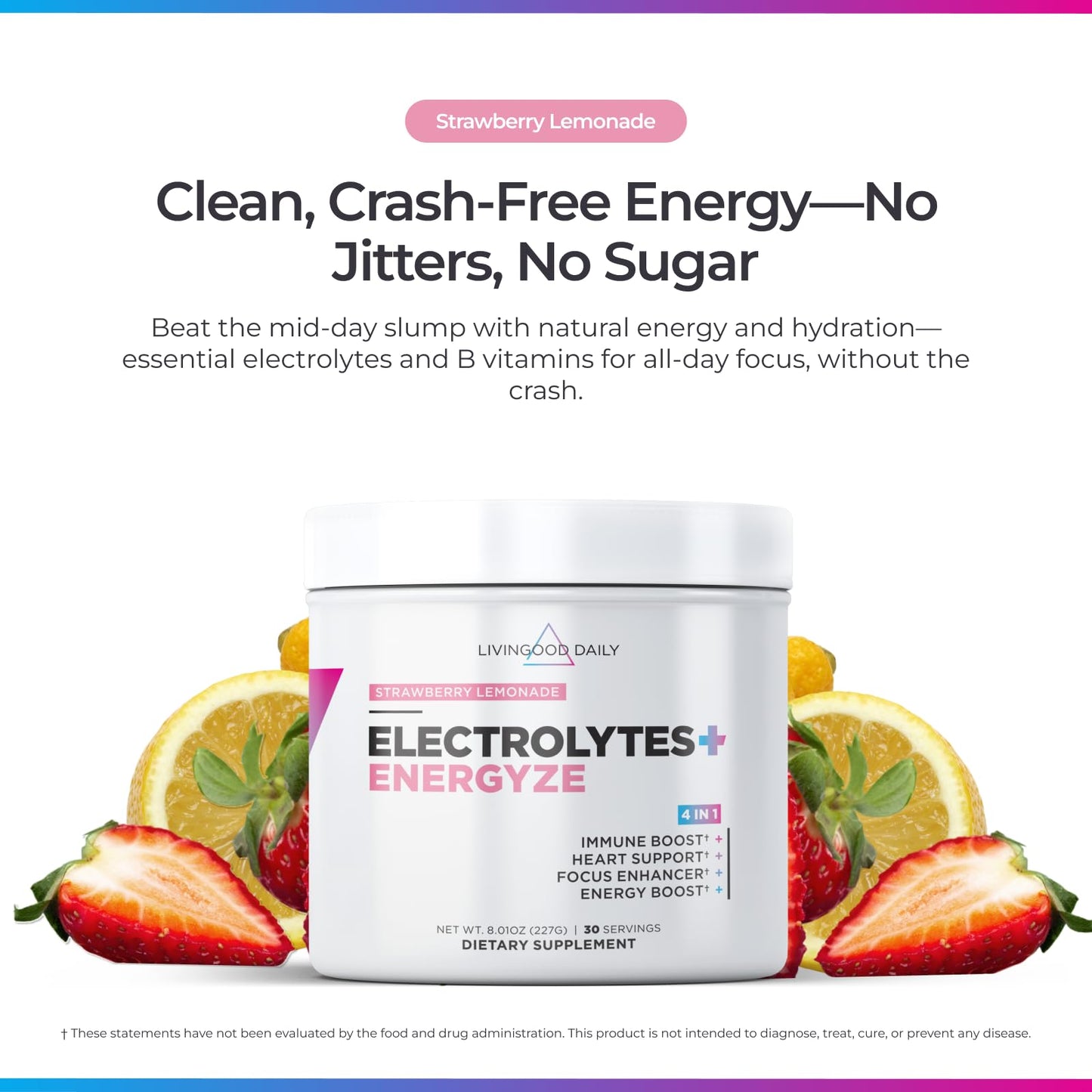 Livingood Daily Electrolytes Powder Strawberry Lemonade, 30 Servings - 4in1 Hydration Powder with Vitamin C, Taurine, D Ribose & FOS, Sugar Free Electrolyte Drink Mix, Keto, Gluten Free - Made in USA