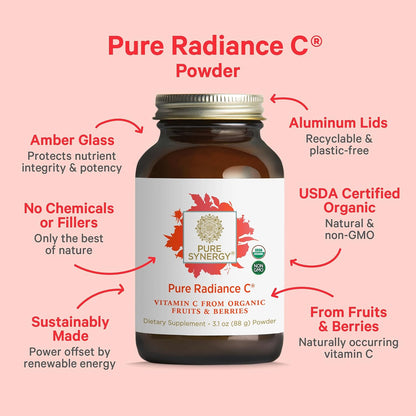Pure Synergy Pure Radiance C | Organic Vitamin C Powder | 100% Natural, Whole Food, Non-GMO Supplement with Organic Camu Camu| for Immune and Collagen Support (3.1 oz Powder)