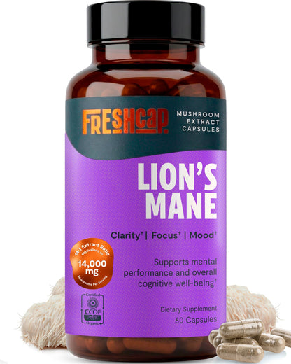 FreshCap Mushrooms Premium Organic Lions Mane Capsules - 14:1 Fruiting Body Extract with 31% Beta-Glucans - 3rd-Party Tested Nootropic for Clarity, Focus & Cognitive Support (120 Capsules)
