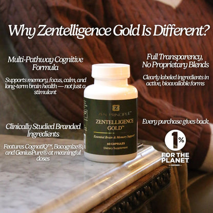 Zen Principle Zentelligence™ Gold Brain Supplement – Memory, Focus & Mental Clarity. Premium Cognitive Support for Adults 40+ with Magnesium, Vitamin D3, CoQ10, Vitamin B12 & L-Theanine. 60 Capsules