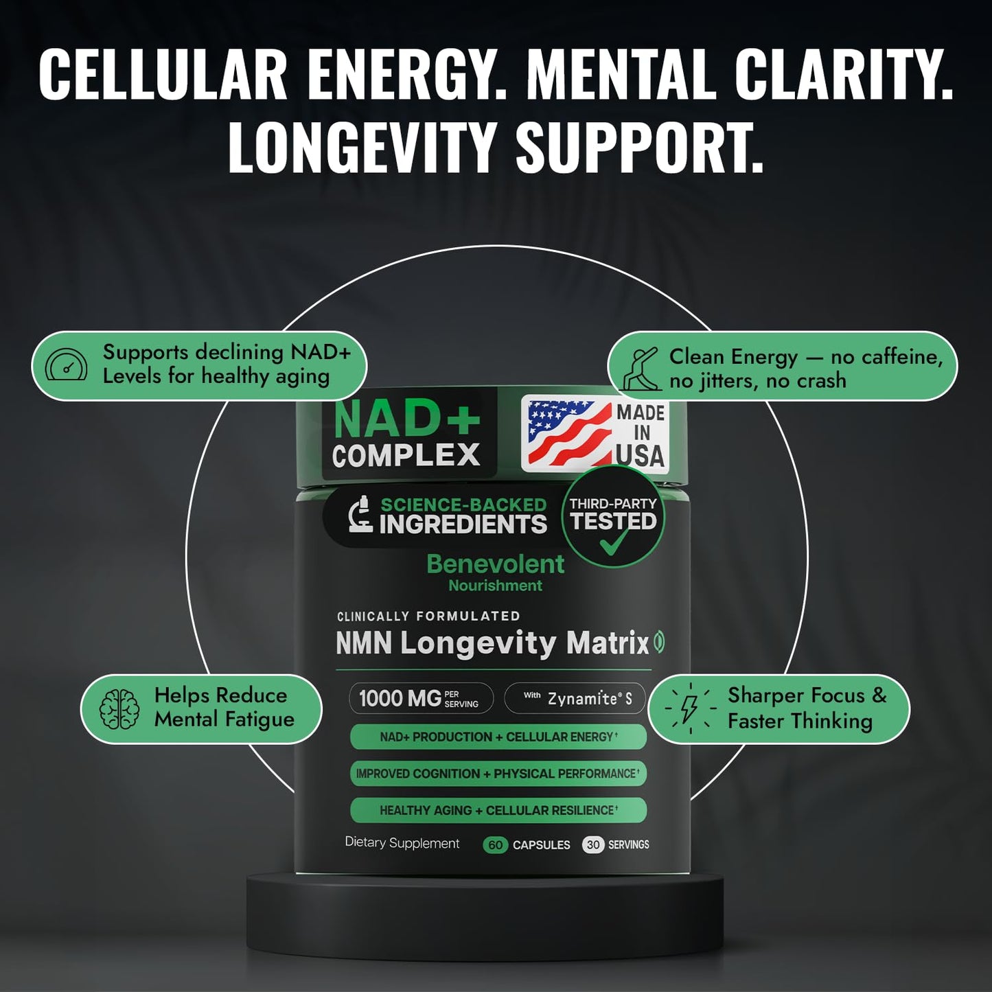 Benevolent NAD+ Supplement 1050mg, Max Absorption 3in1 NAD Supplements for Women & Men with Nicotinamide Riboside, Trans-Resveratrol & TMG, NAD Plus for Cellular Energy, Brain Support & Aging, 90 Caps
