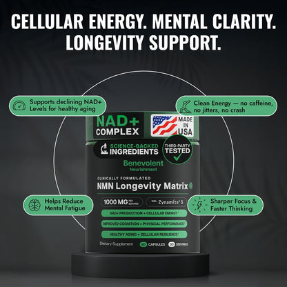 Benevolent NAD+ Supplement 1050mg, Max Absorption 3in1 NAD Supplements for Women & Men with Nicotinamide Riboside, Trans-Resveratrol & TMG, NAD Plus for Cellular Energy, Brain Support & Aging, 90 Caps