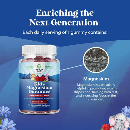 Kids Magnesium Gummies - Calm Relaxing Mg Citrate Supplement with Raspberry Flavor - Calm Magnesium Supplement for Nerve Health Muscles & Healthy Heart Support - Mag Citrate Gummies - 90 Count