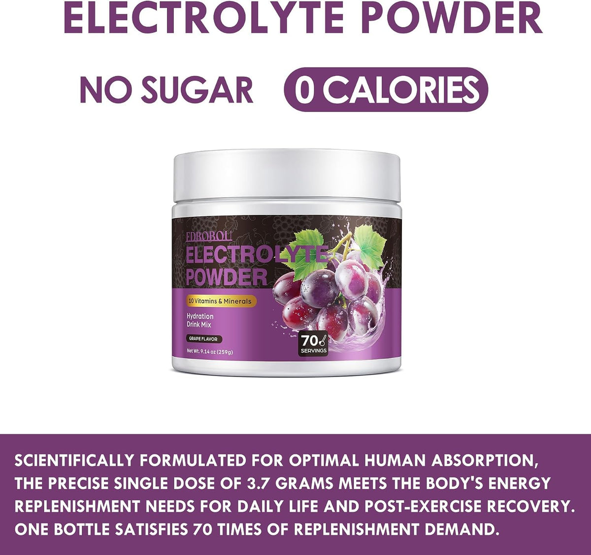 Sugar Free Electrolyte Powder Grape Flavor 70 Servings Refreshing Hydration with Potassium, Sodium & Magnesium Gluten-Free, Ideal for Athletes