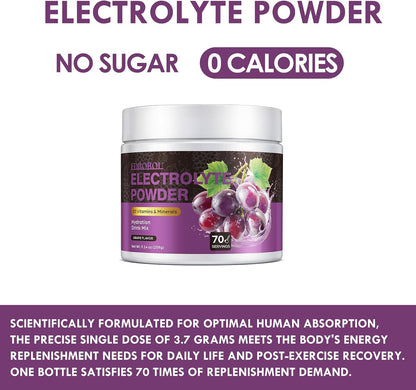 Sugar Free Electrolyte Powder Grape Flavor 70 Servings Refreshing Hydration with Potassium, Sodium & Magnesium Gluten-Free, Ideal for Athletes