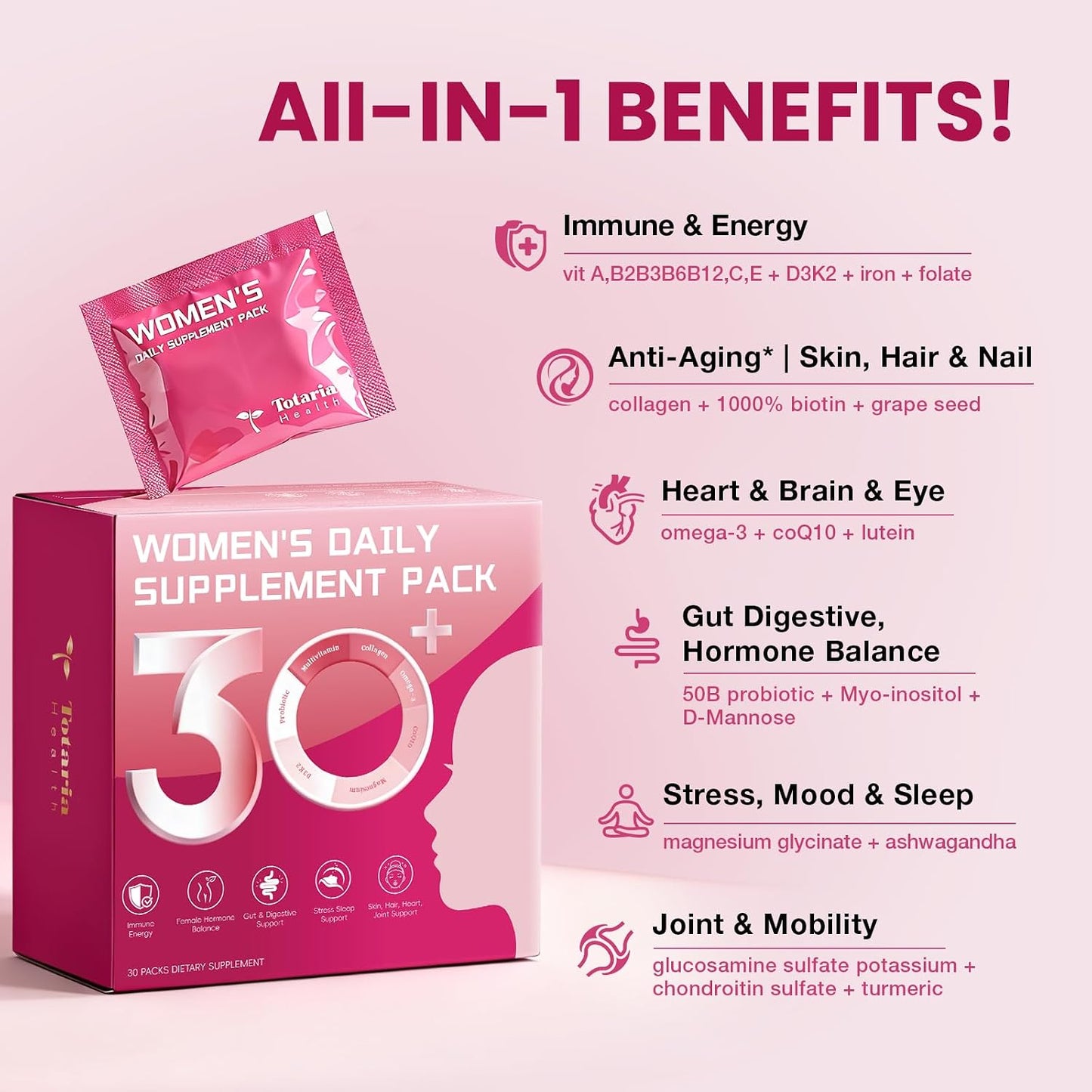 Totaria Multivitamin for Women with Vitamin A,B,C,D3,E,K2, Biotin, Collagen, Magnesium, Ashwagandha, Omega-3, Probiotic, Energy, Beauty, Stress, Calm, 30 Servings