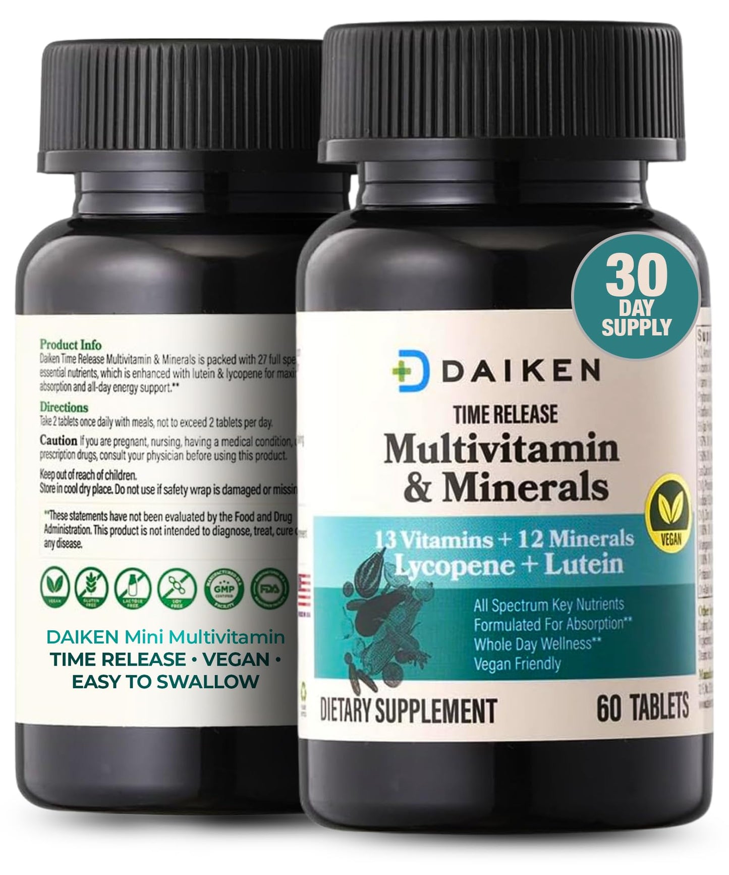 DAIKEN Mini Multivitamin, 60 Tablets, Enhanced with Lutein, Lycopene & Folic Acid, Time Released Multivitamin for Women & Men, Vegan & Easy to Swallow (Pack of 2)