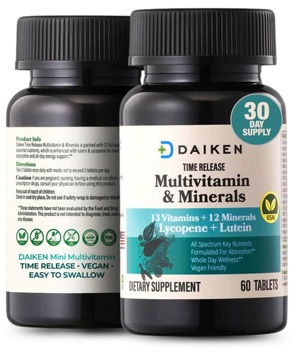 DAIKEN Mini Multivitamin, 60 Tablets, Enhanced with Lutein, Lycopene & Folic Acid, Time Released Multivitamin for Women & Men, Vegan & Easy to Swallow (Pack of 2)