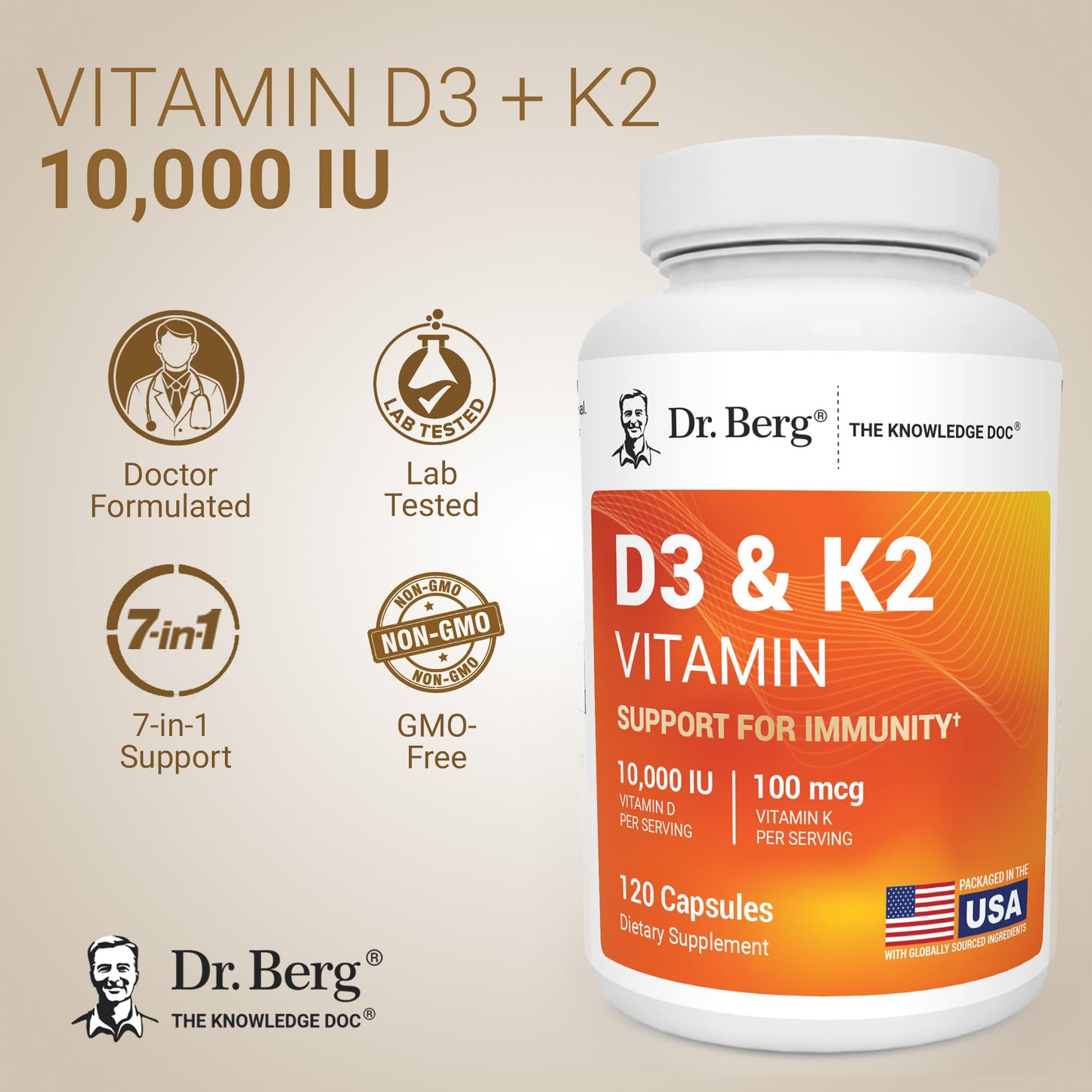 Dr. Berg Maximum Strength 7-in-1 Vitamin D3 K2 5000 IU | Naturally Derived D3 | 4X Lab-Tested & Verified | High Absorption Formula | K2 D3 Vitamin Supplement | 60 Capsules