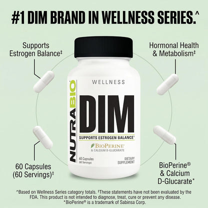 NutraBio DIM Supplement, Supports Estrogen Balance, 100mg - 60 Vegetable Capsules