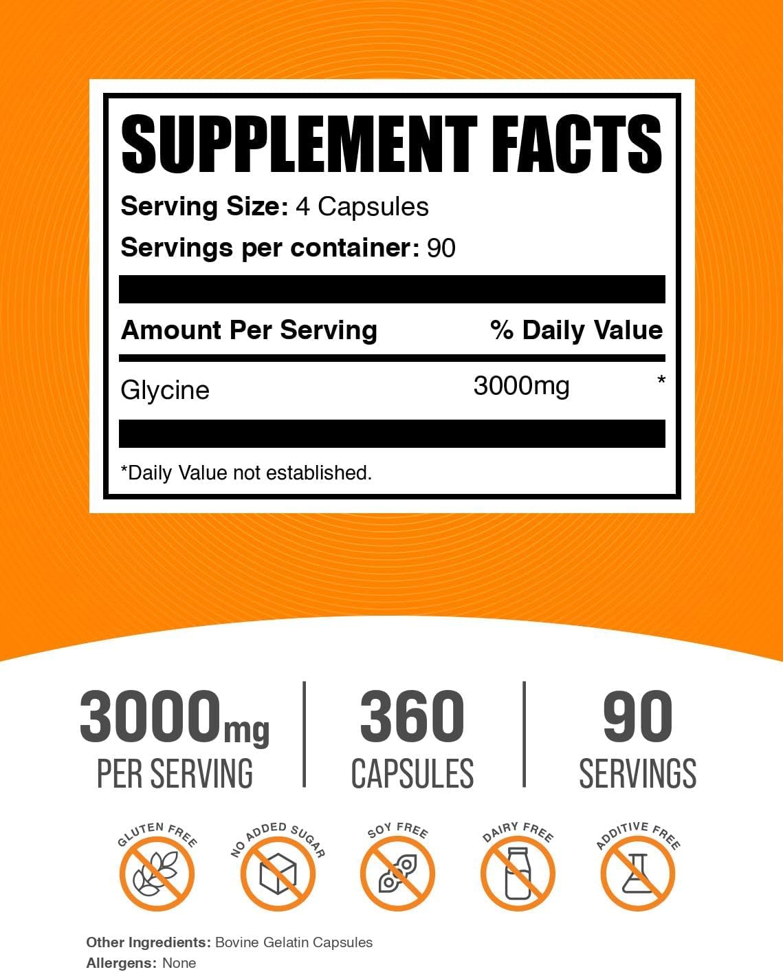 BulkSupplements.com Glycine Capsules - Amino Acid Supplement, 3000mg - Gluten Free, 4 Capsules per Serving, 360 Count (Pack of 1)