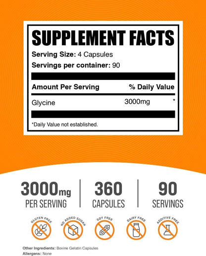 BulkSupplements.com Glycine Capsules - Amino Acid Supplement, 3000mg - Gluten Free, 4 Capsules per Serving, 360 Count (Pack of 1)