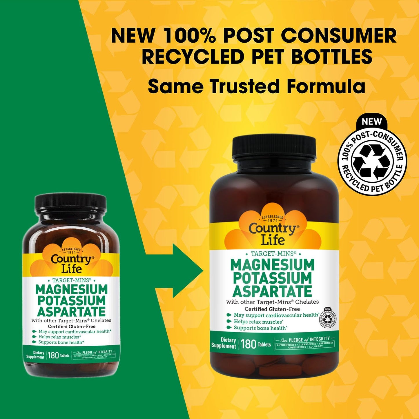 Country Life Target-Mins Magnesium Potassium Aspartate 600 mg/198 mg, Heart, Muscle & Bone Support, Vegan, Gluten-Free, Kosher, 180 Tablets