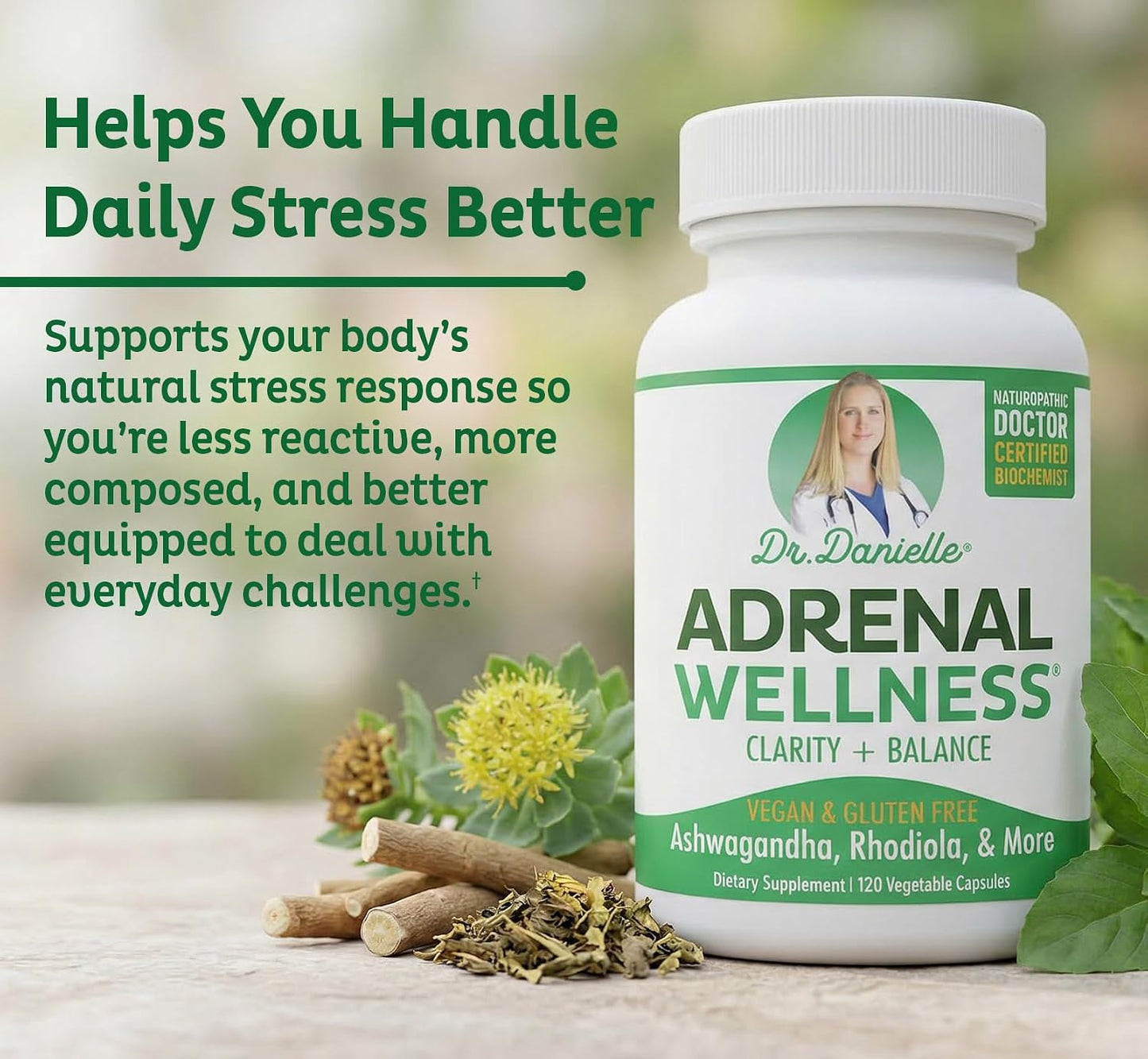 Adrenal Wellness Ashwagandha & More - Organic Mind, Body Support by Dr. Danielle, 120 Capsules