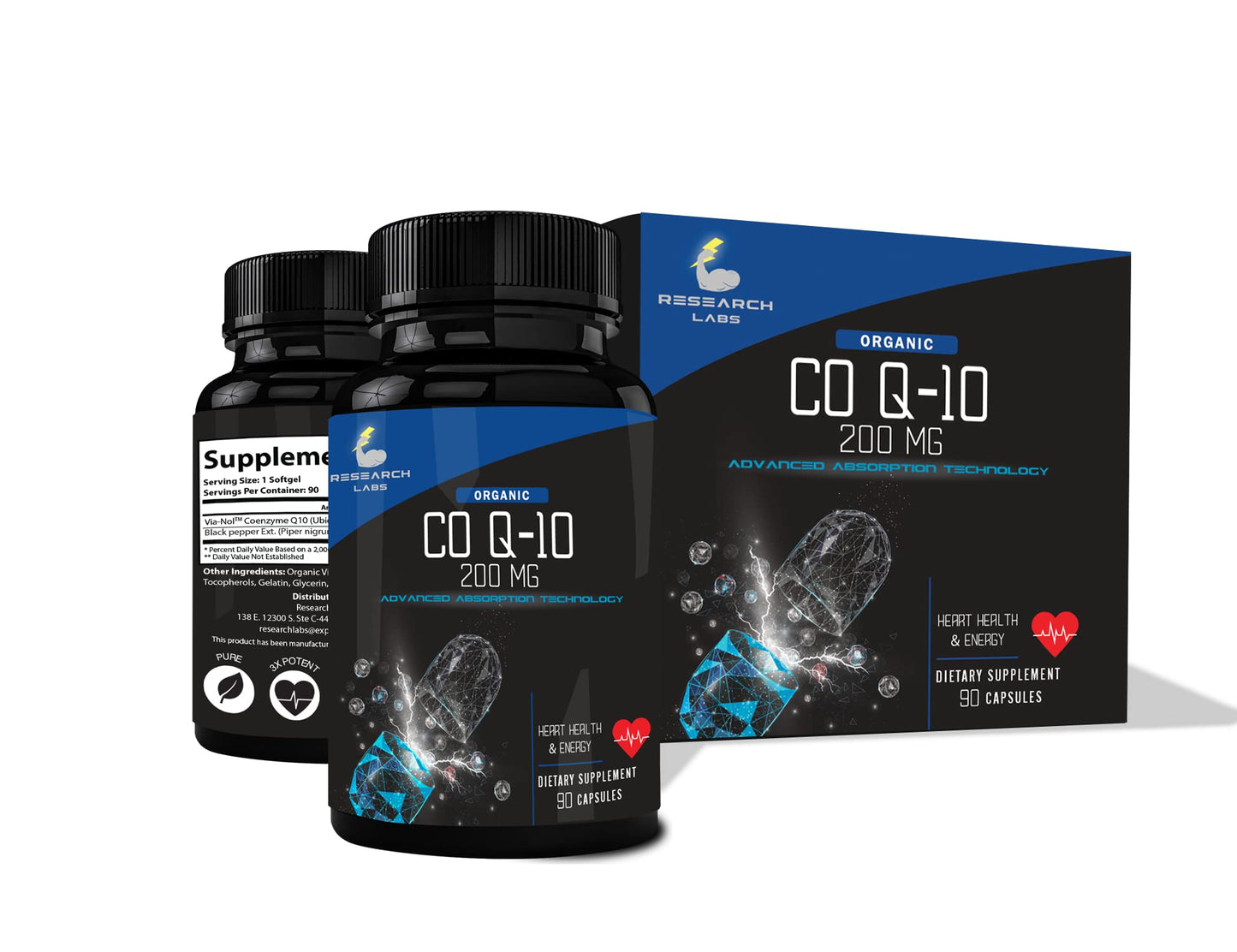 Research Labs 180 Softgels Advanced Absorption 200mg CoQ10 w/Black Pepper Extract. 2 for 1 Ad. Organic, Gluten Free, Heart Health Support, Energy Production, Antioxidant Supplement
