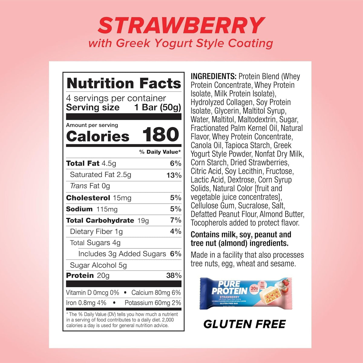 Pure Protein Bars, Strawberry Greek Yogurt, 20g High Protein, Nutritious Snacks