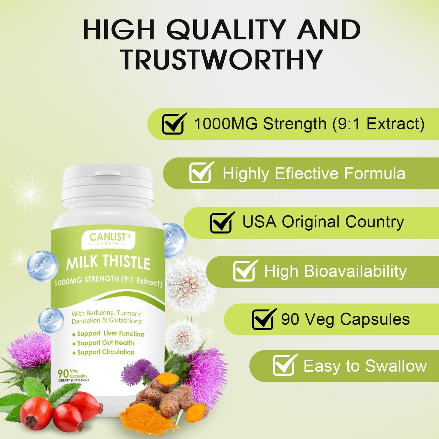 CANLIST Milk Thistle Capsules 1000mg, Potent 9:1 Extract, Liver Health Support, Detox & Cleanse, Antioxidant & Gut Health, Non-GMO, Gluten-Free, 90 Capsules
