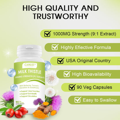 CANLIST Milk Thistle Capsules 1000mg, Potent 9:1 Extract, Liver Health Support, Detox & Cleanse, Antioxidant & Gut Health, Non-GMO, Gluten-Free, 90 Capsules