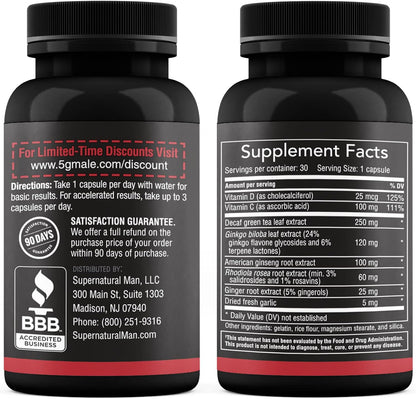 Supernatural Man 5G Male Natural T Booster Enhancing Supplement for Blood Flow, Stamina, Strength & Endurance Ginseng, Garlic, Ginkgo, Ginger Root, Vitamin D - Supports Healthy Males - 30 Capsules