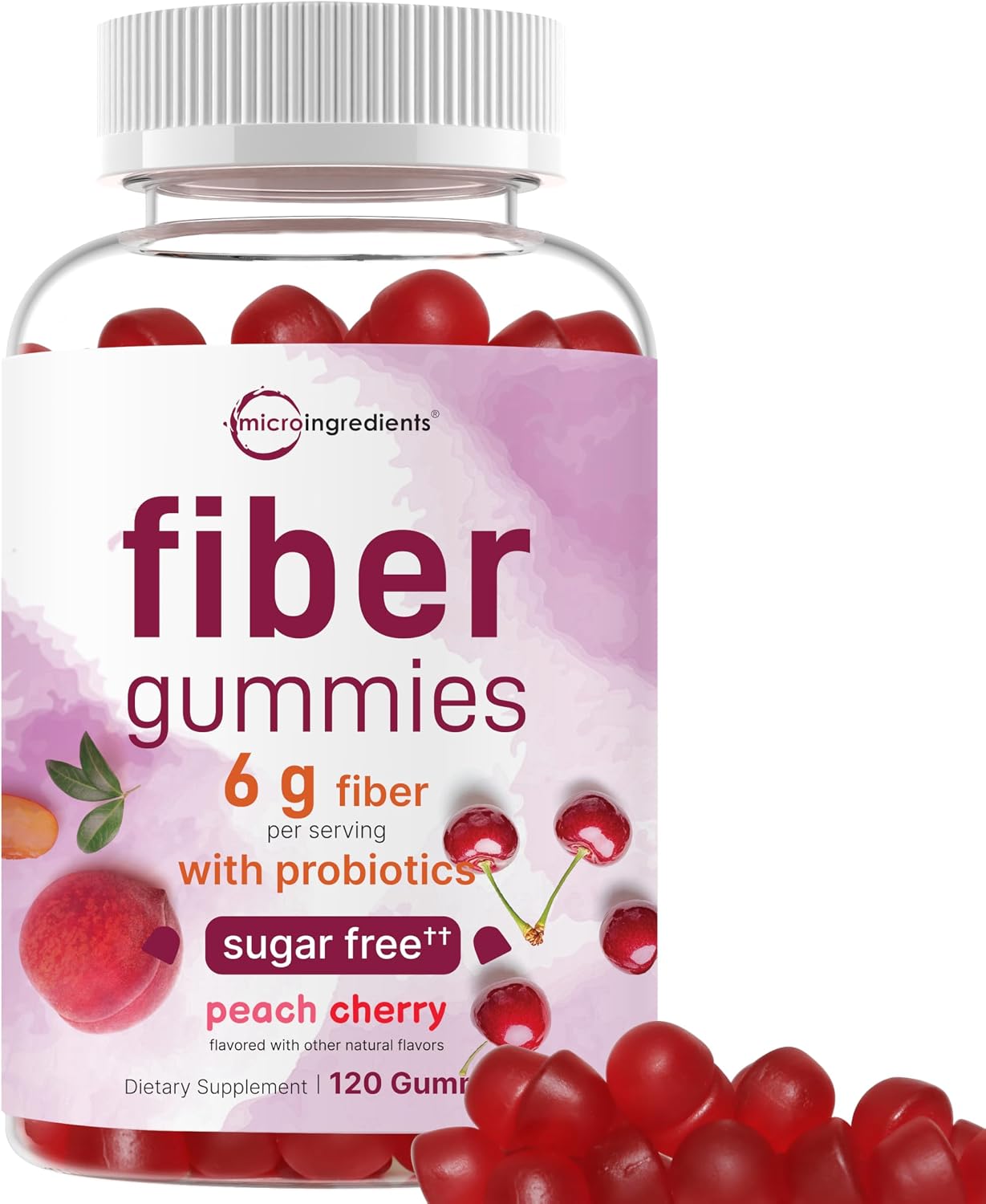 Micro Ingredients Fiber Gummies with Probiotics, 120 Count | 6g Per Serving + 2 Billion CFU | Sugar Free Peach Cherry Flavor | High Fiber Supplement for Women & Men | Non-GMO, Gluten Free