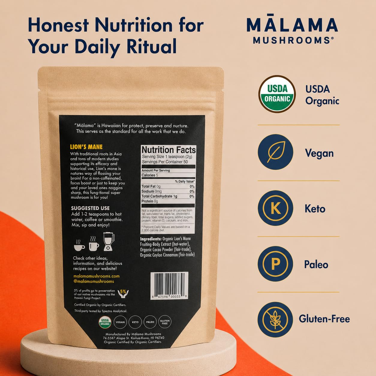 Malama Organic Mushroom Hot Cacao Mix, Lion's Mane Mushroom Powder with Fair Trade Cacao for Focus, Memory, & Immune Support – Vegan Superfood, Non GMO, 3.5 oz (50 Servings)