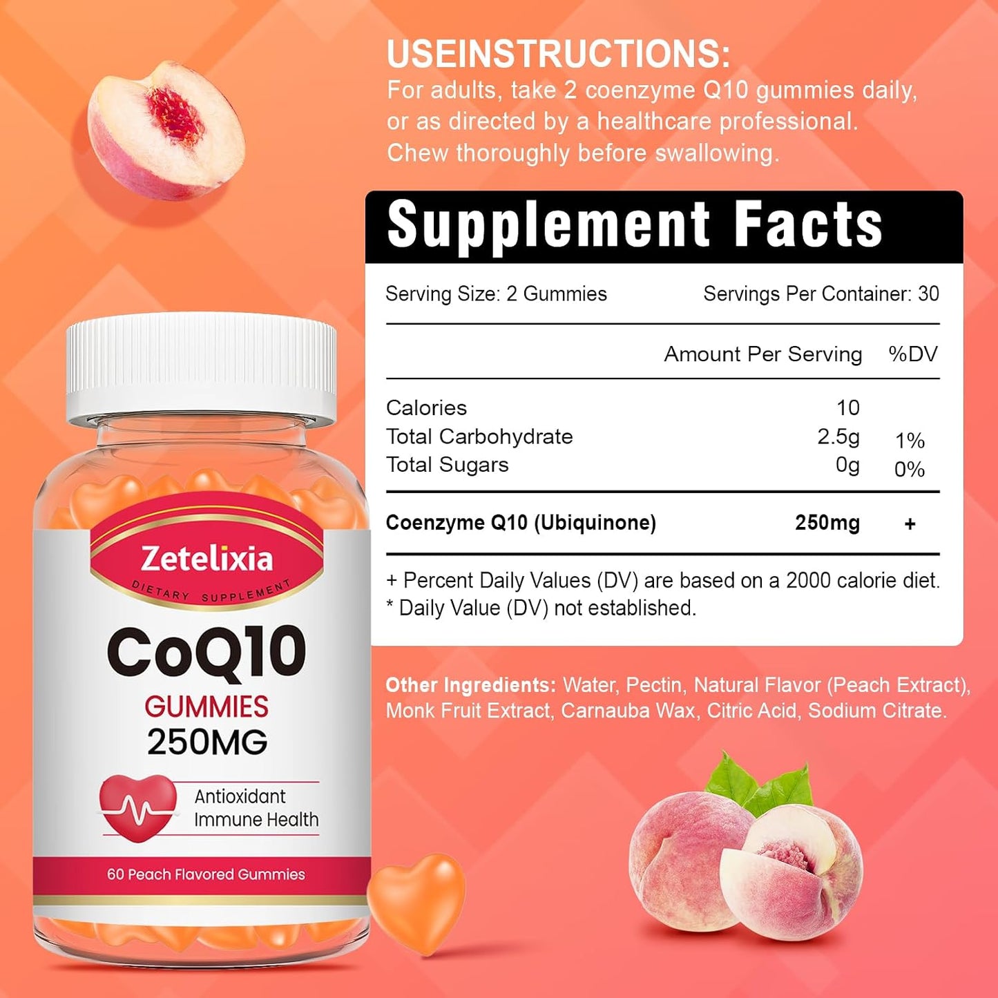 2 Pack CoQ10 Gummies, 5X Better Absorption Coenzyme Q10 for Cellular Energy and Antioxidant Support, 120 Peach Gummies