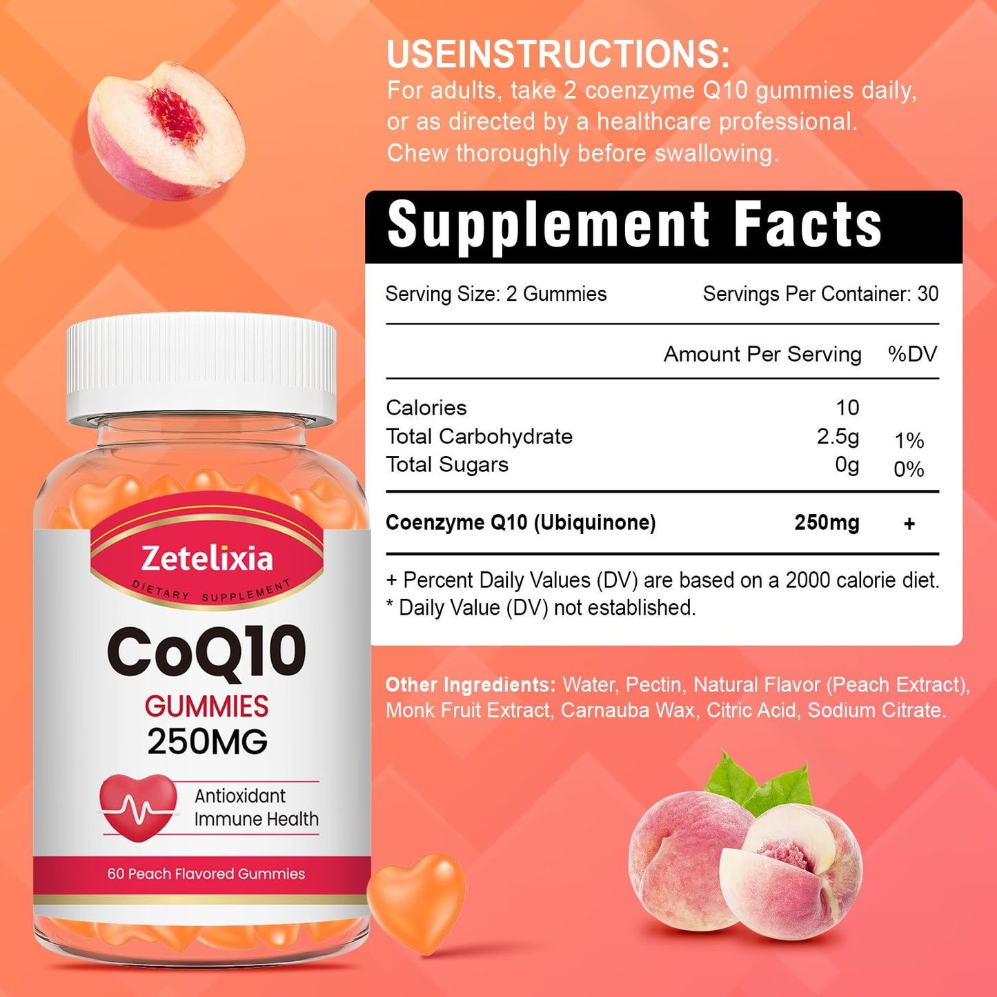 2 Pack CoQ10 Gummies, 5X Better Absorption Coenzyme Q10 for Cellular Energy and Antioxidant Support, 120 Peach Gummies