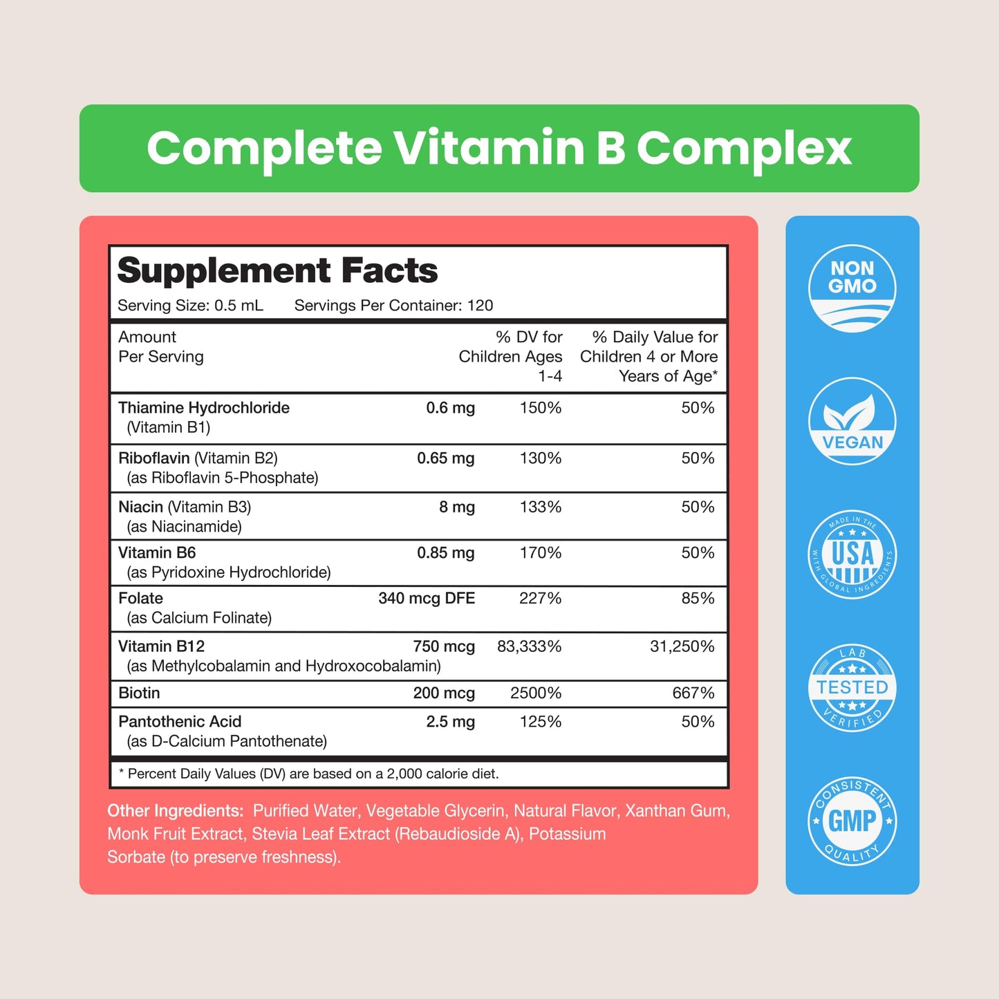 USDA Organic Vitamin B Complex Liquid Drops Sublingual B12 Methylcobalamin | B1, B2, B3, B5, B6, B7, B9 | Methylated B Vitamins Complex for Women & Men | Biotin, Niacinamide, Folate & Folic Acid, 2oz