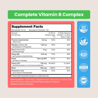 USDA Organic Vitamin B Complex Liquid Drops Sublingual B12 Methylcobalamin | B1, B2, B3, B5, B6, B7, B9 | Methylated B Vitamins Complex for Women & Men | Biotin, Niacinamide, Folate & Folic Acid, 2oz